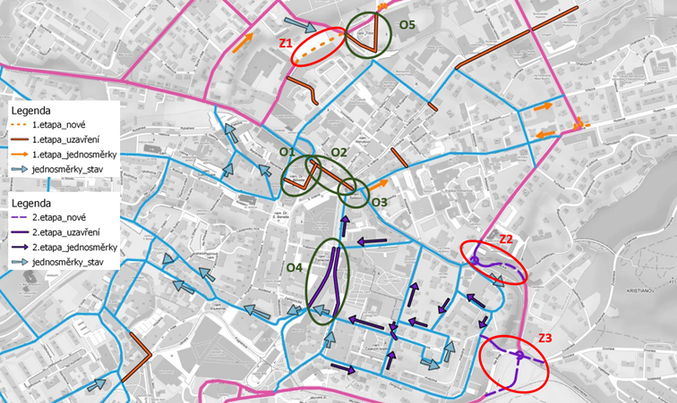 Obr.: Plán udržitelné městské mobility (Ing. Kašík, https://www.liberec.cz/sump/), s vyznačenými záměry: Z1 – Nová Pastýřská. Z2 a Z3 – navýšení kapacity křižovatek na Jablonecké. O1, O2 a O3 – uzavření Šaldova náměstí a Sokolské ulice pro osobní dopravu, O4 – uzavření ulic Felberova a Rumunská pro osobní dopravu.